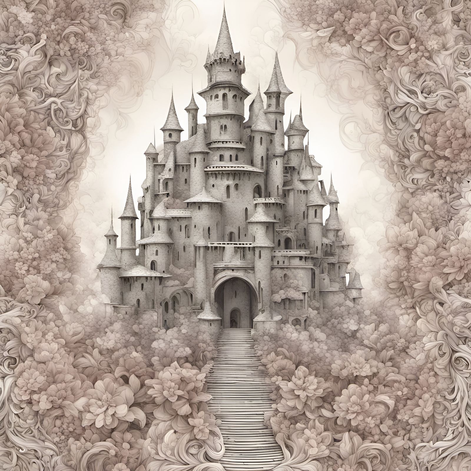 Floral Medieval Castle Ruins with Abstract Fractals