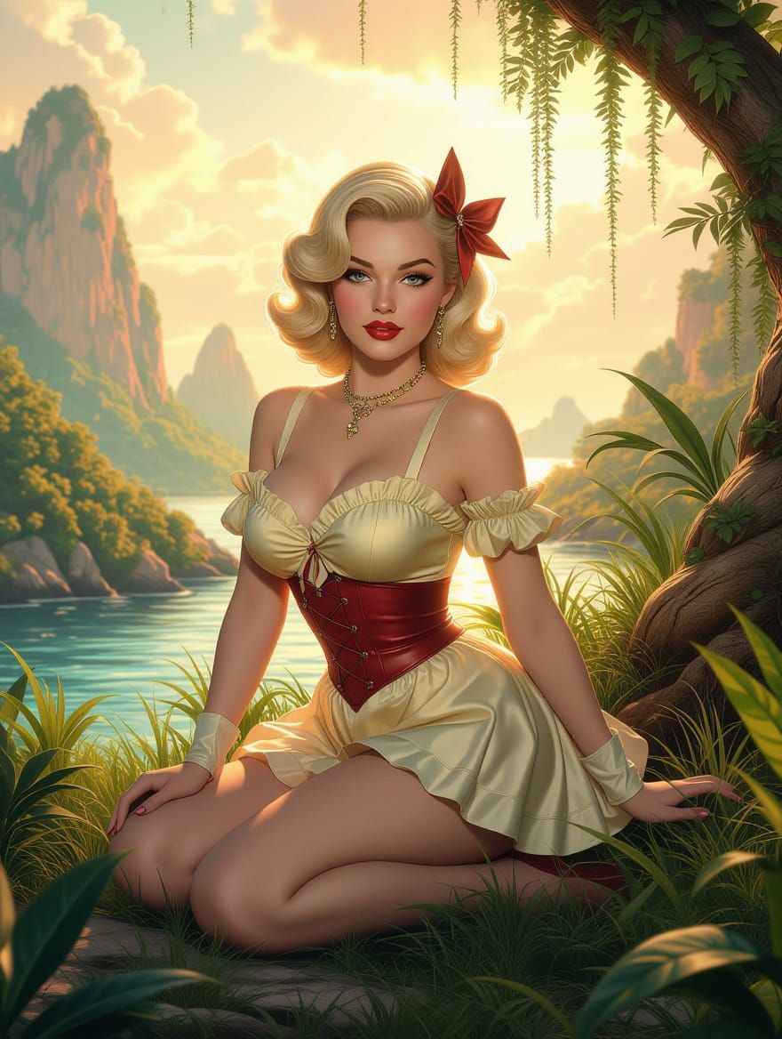 Vintage Blonde Goddess in Lush Fantasy Landscape