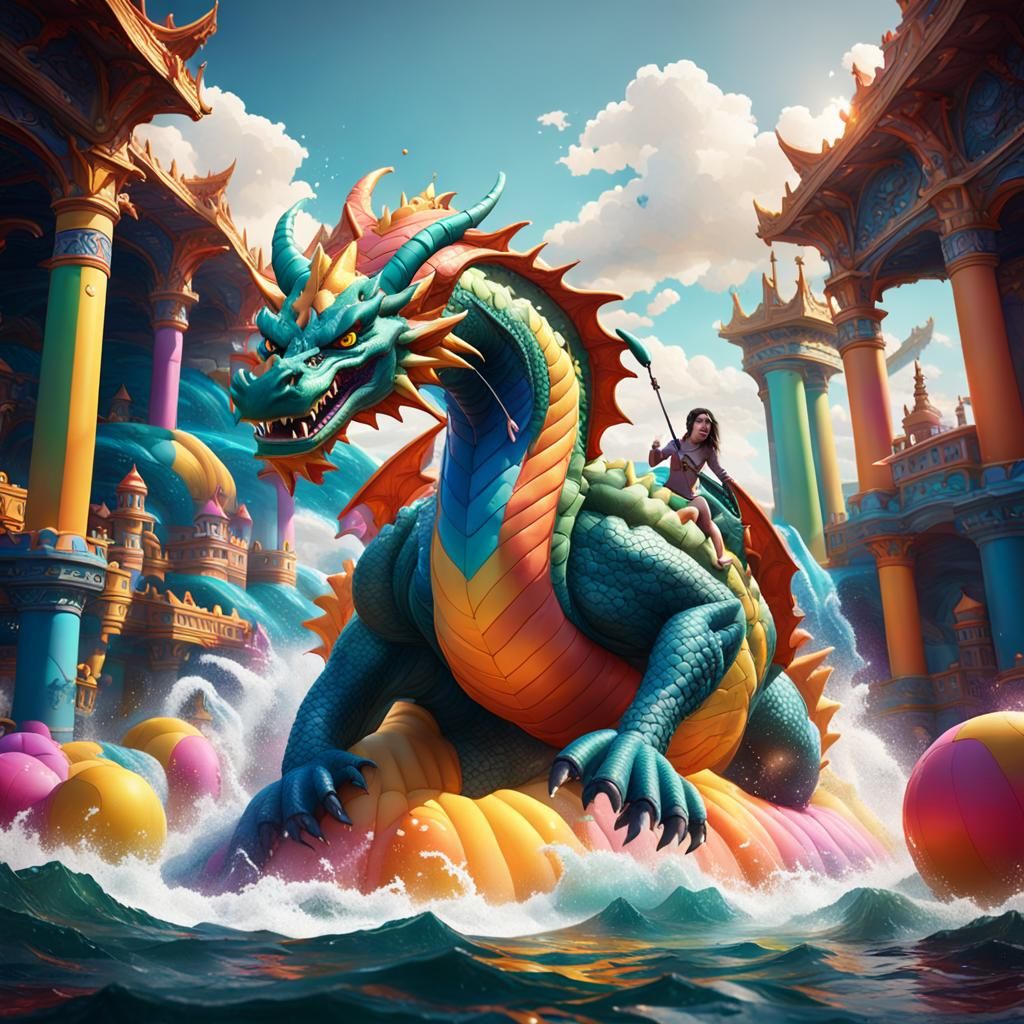 Woman Rides Dragon Pool Toy on Rough Sea