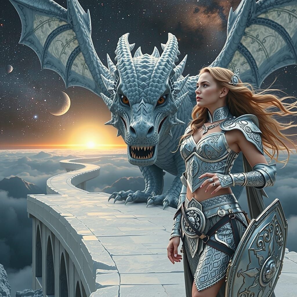Fantasy Warrior and Dragon on Moon-Earth Bridge at Dawn