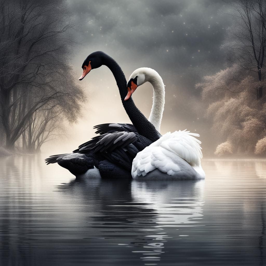 Black and White Swans Embrace: Detailed Matte Painting