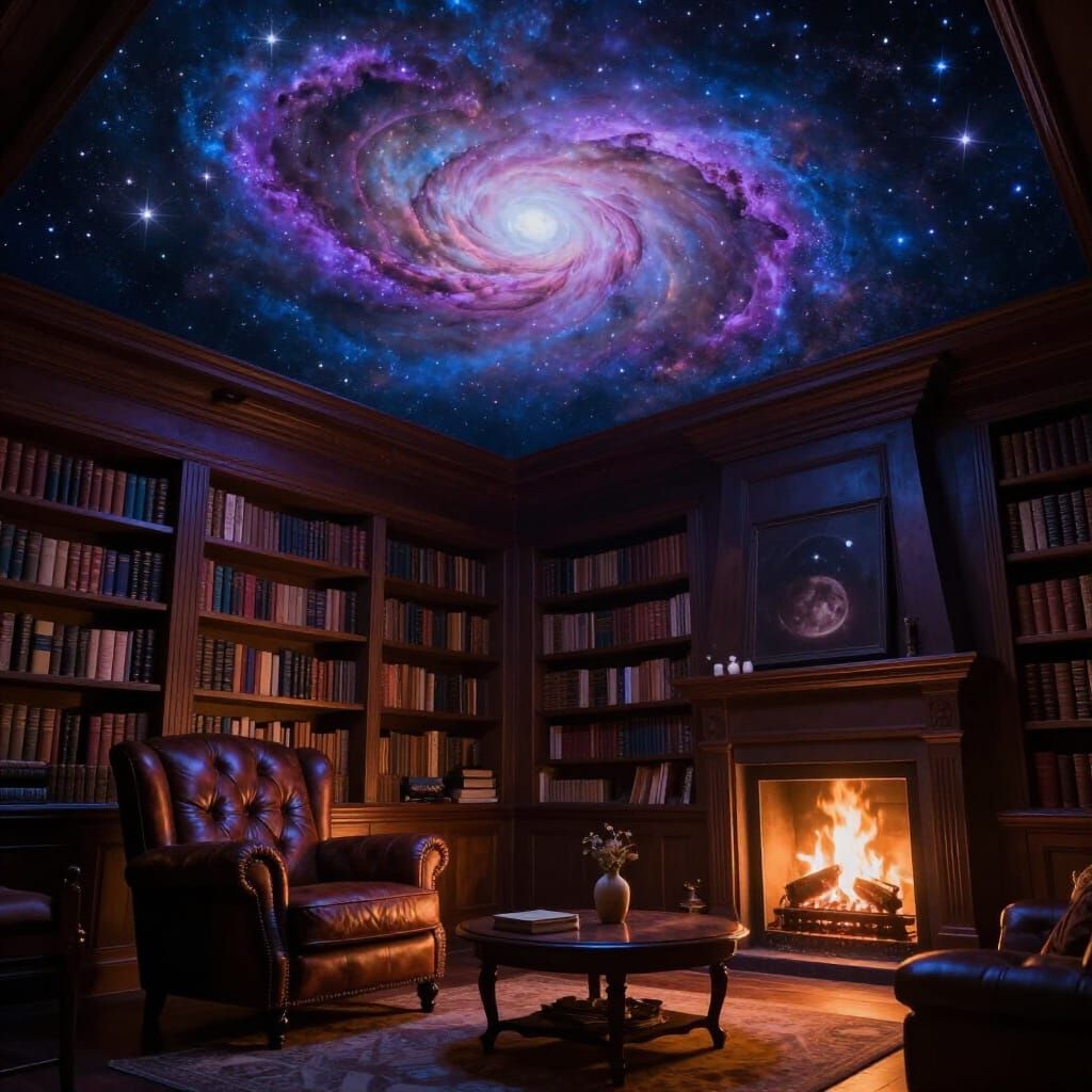 Cozy Library Opens to Swirling Nebula