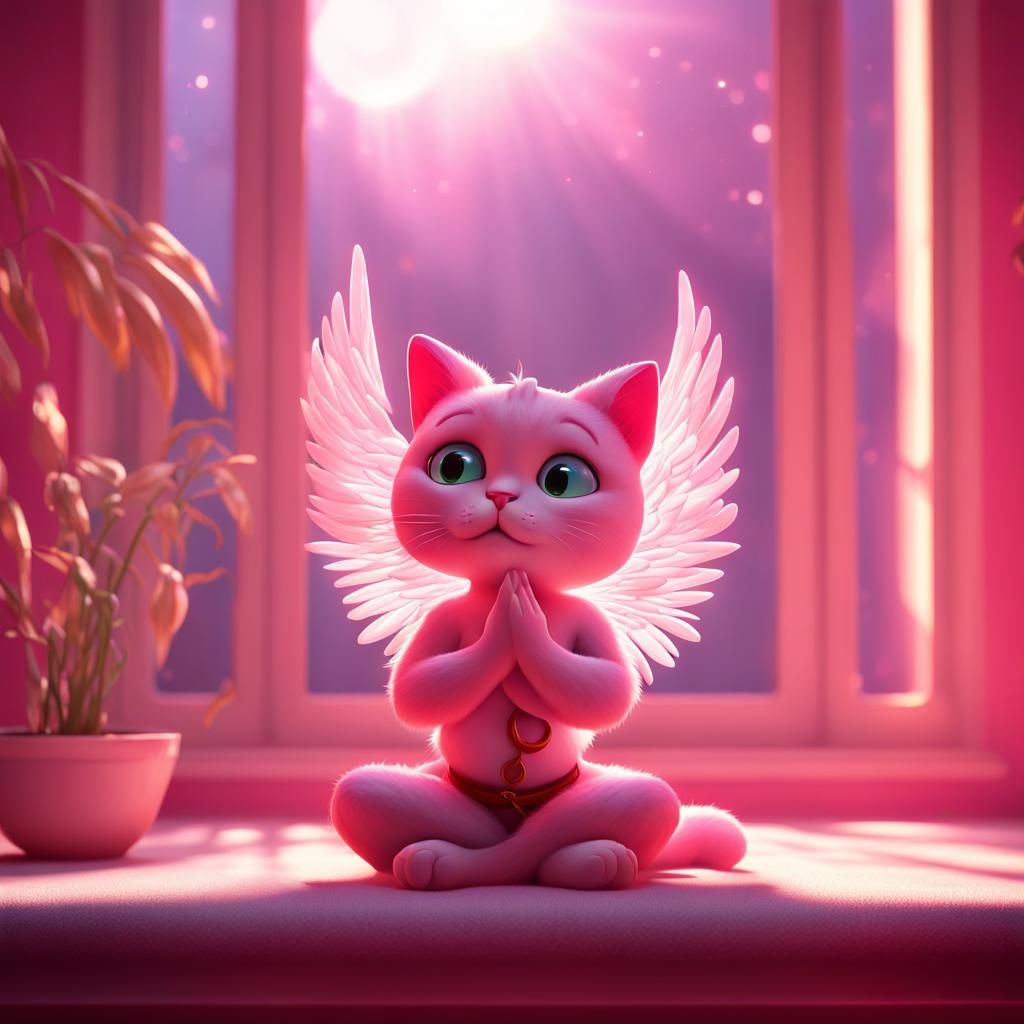 Cosmic Angel Cat Doing Yoga, 3D Digital Art