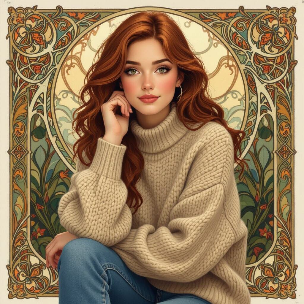 Young Woman with Copper Hair and Unique Eyes in Warm Style