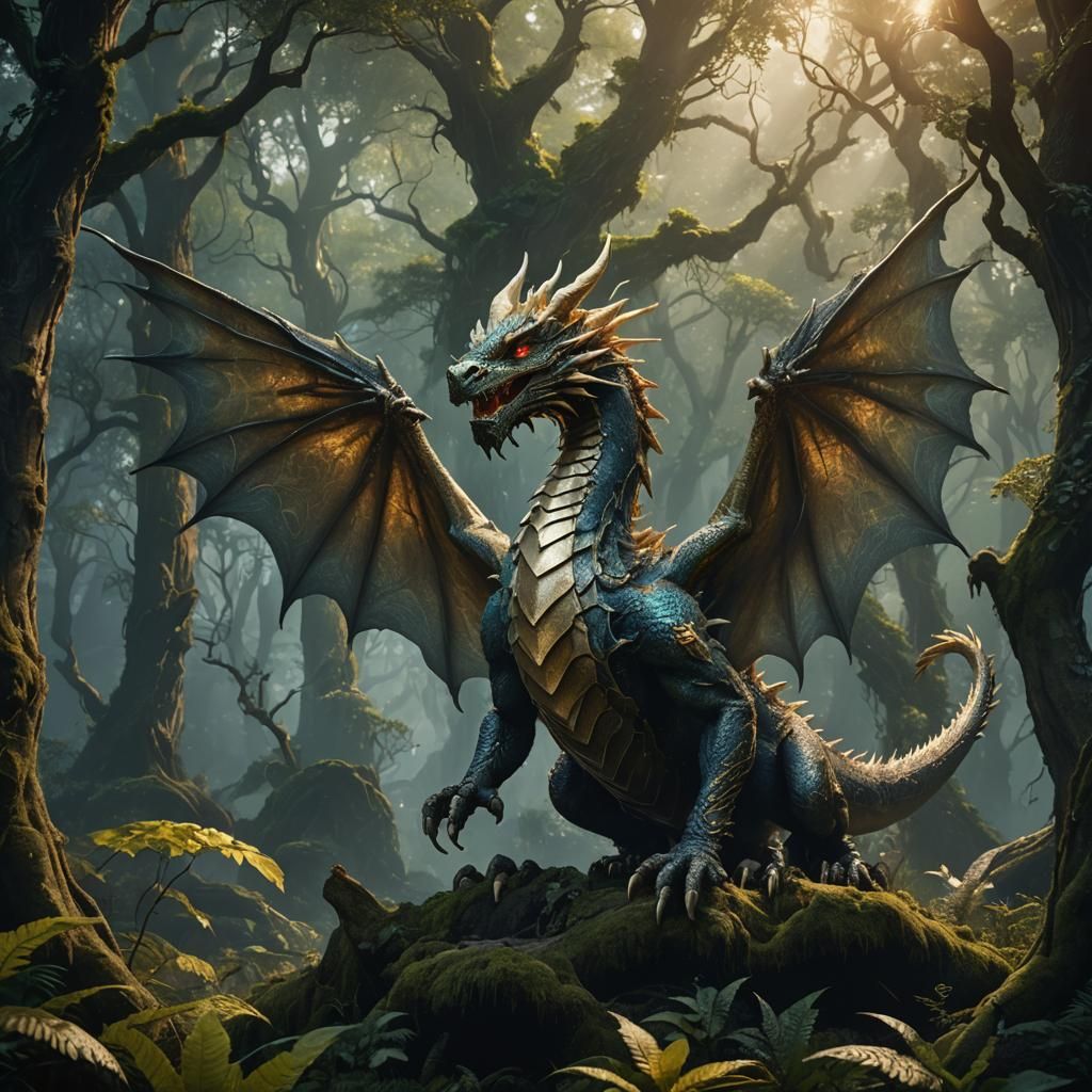 Dragon Kin in Mystical Forest, Fantasy Concept Art
