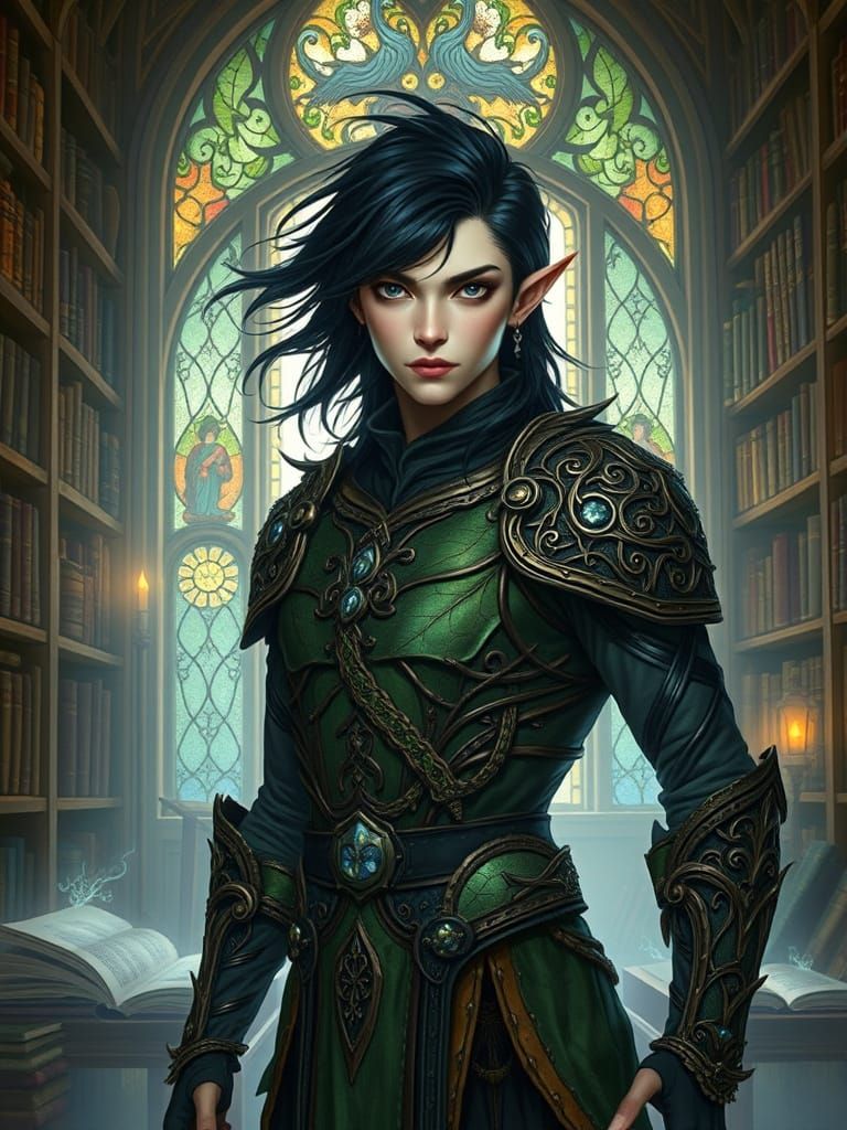 Mystical Elf in Living Armor, Art Nouveau Style