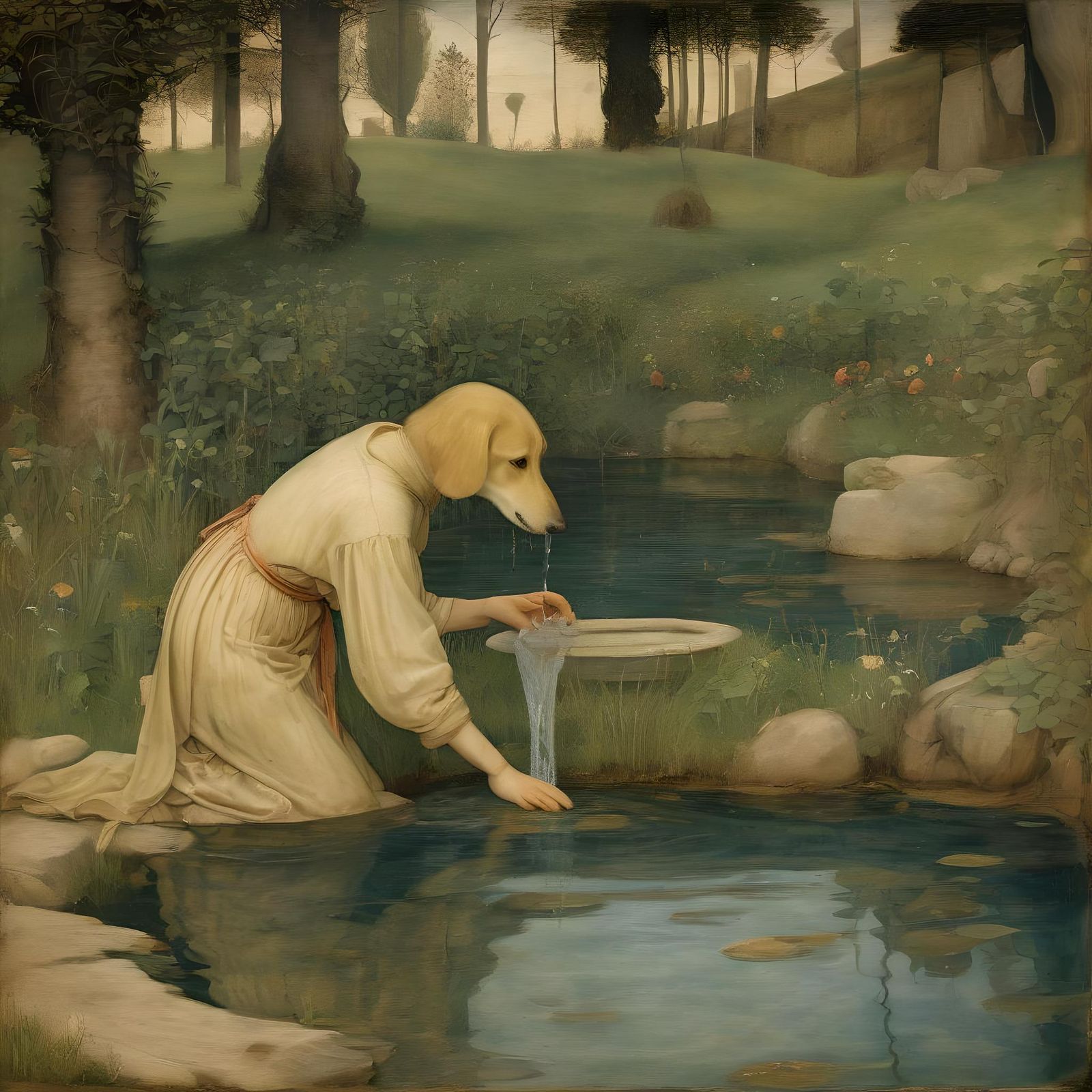 Dog Drinking Water in Pre-Raphaelite Style