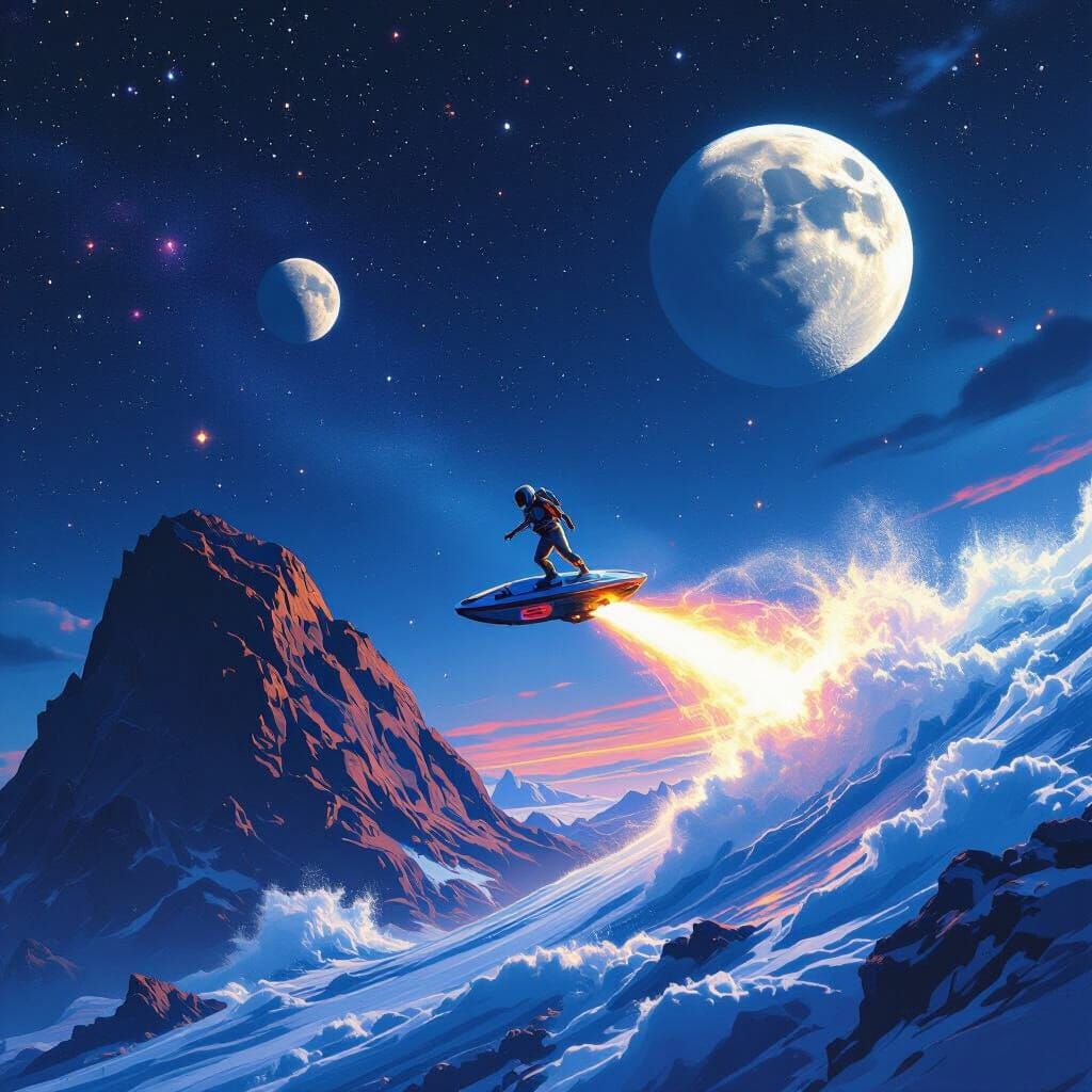 Space Surfer Rides Asteroids in Starry Night Sky