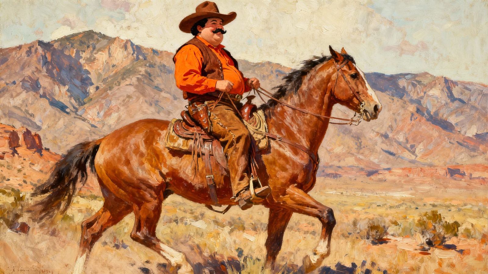 Impressionist Oil Painting of a Jolly Vaquero Riding Through...