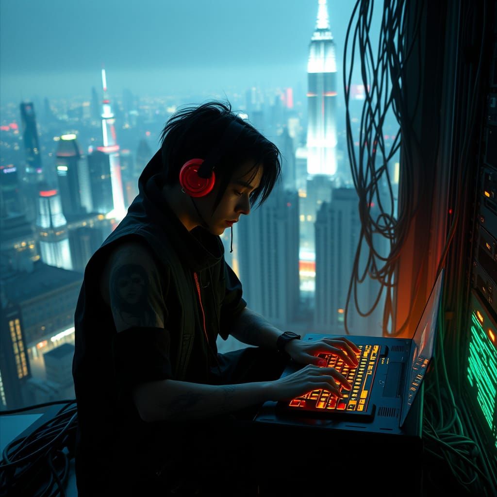 Cybergoth Hacker in Neon-Lit Cyberpunk Server Room