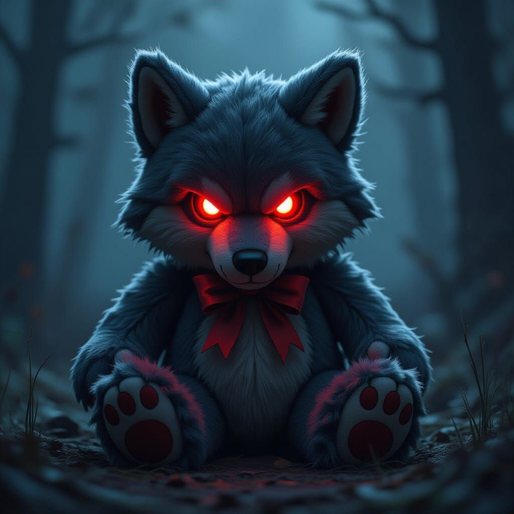 Menacing Tattered Wolf with Glowing Red Eyes in Dark Fantasy...