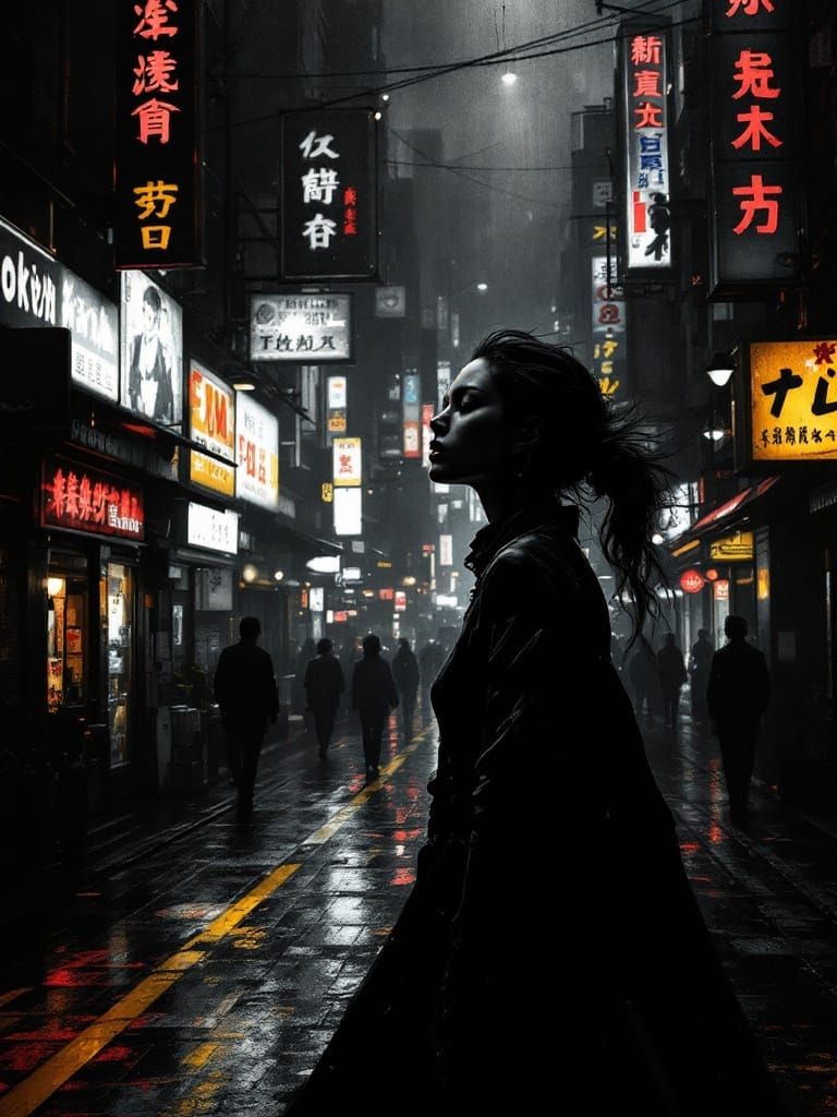 Cyberpunk Goddess Emerges from Darkness in Neon Tokyo