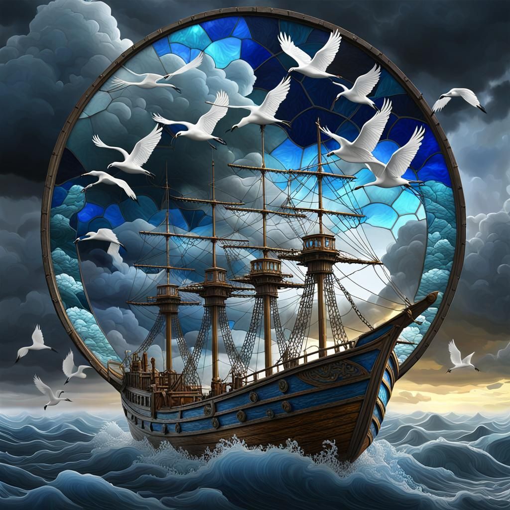 Stained Glass Boat with Cranes in Mandelbulb Style