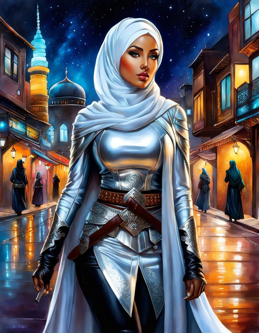 Glowing Hijabi Fighter in City, Alcohol Ink Style