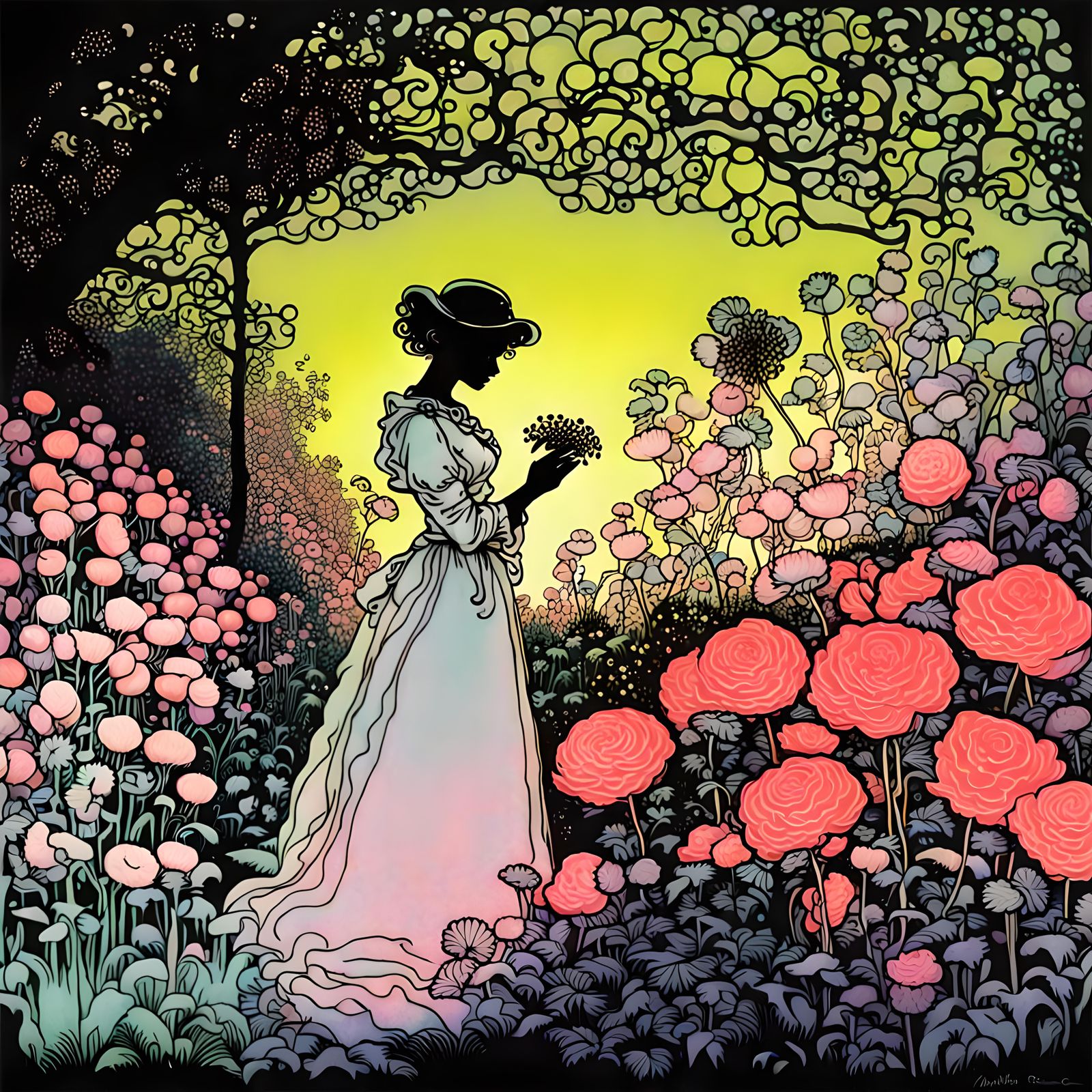 woman, flower garden, neon silhouette, arthur rackham