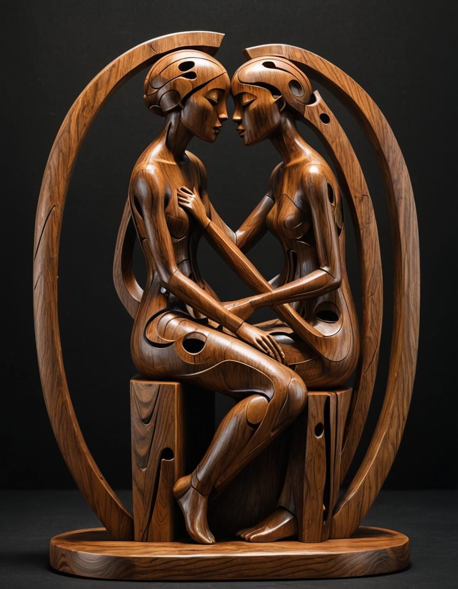 Abstract Wooden Sculpture of Kissing Girls