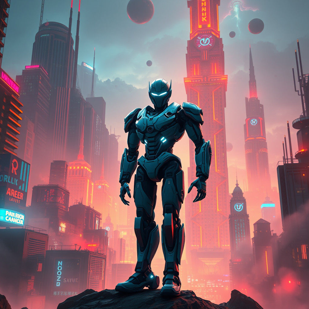 Futuristic Robot in Neon Cityscape, Cyberpunk Art