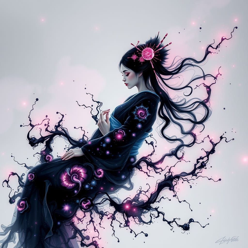 Cyberpunk Geisha in Nebula Water as Japanese Ink Wash