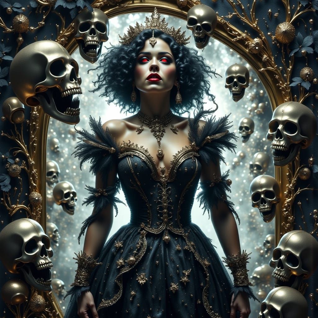 Gothic Vampire Queen in Lace Amid Skulls
