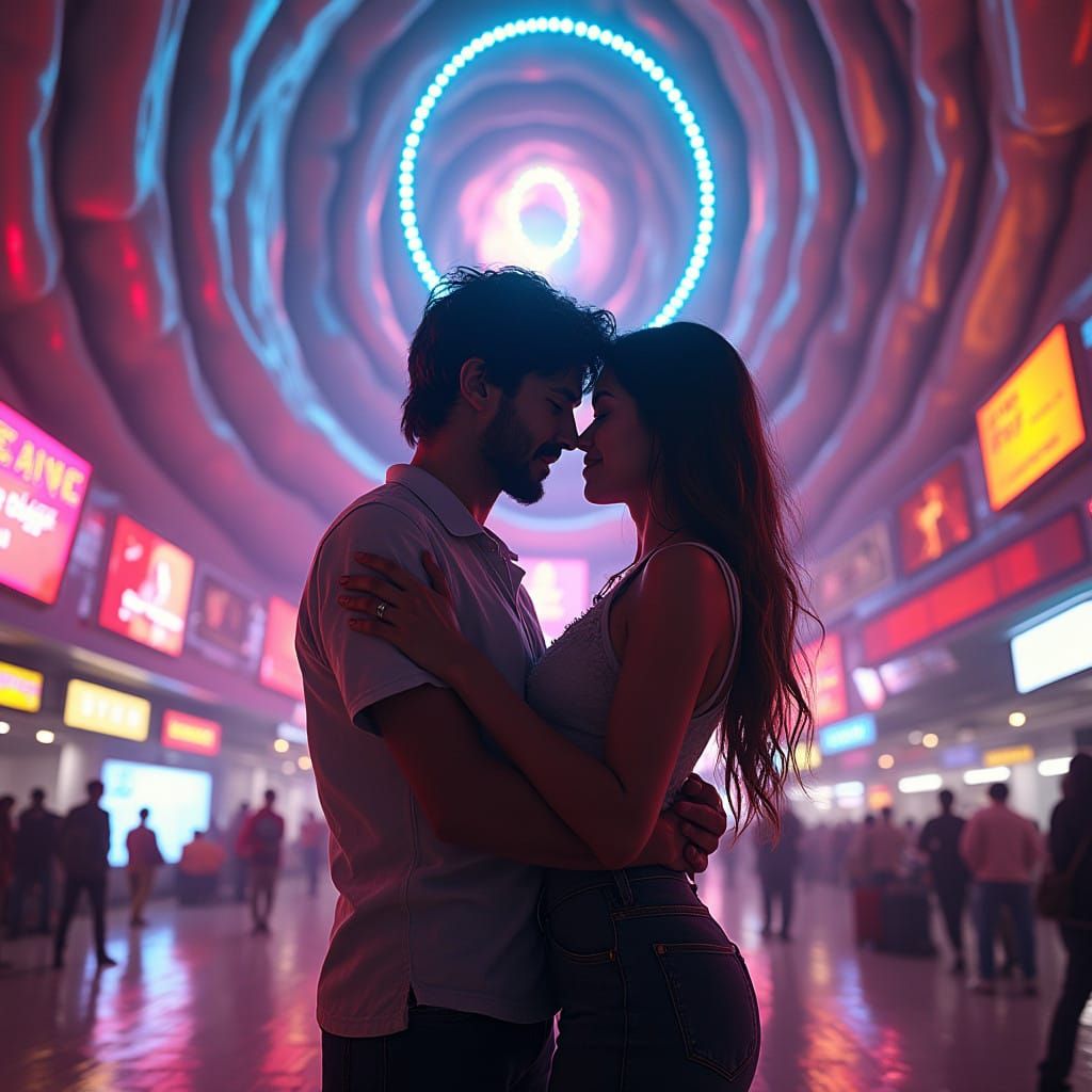 Young Couple Reunites at Neon-Lit Las Vegas Airport