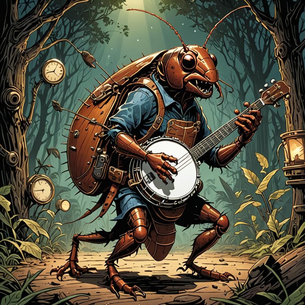 Cockroach Plays Banjo in Comic Book Art Style
