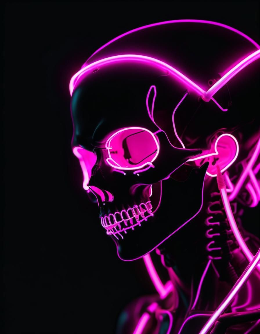 Neon Pink Skull Sign on Black Background