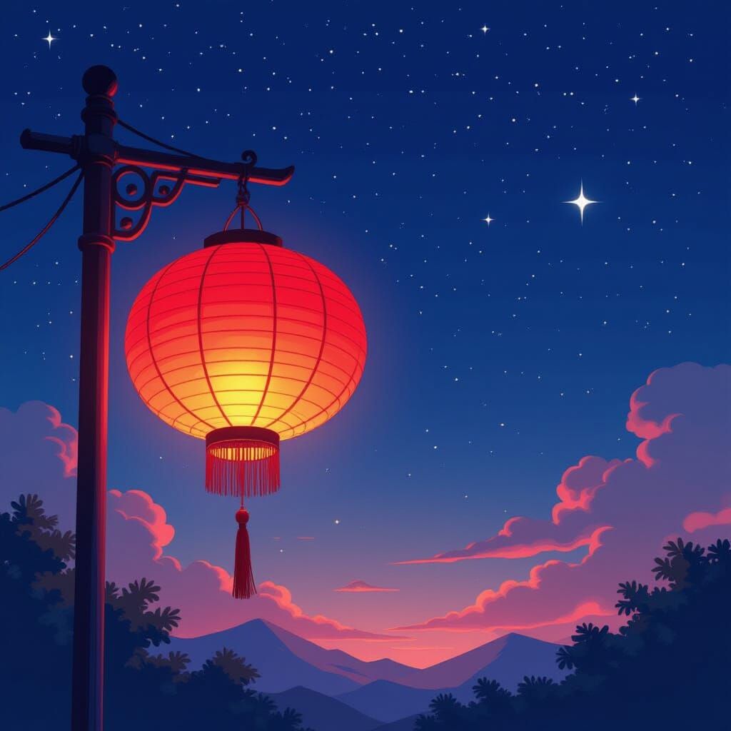 Glowing Chinese Lantern in Starry Sky, Studio Trigger Anime ...