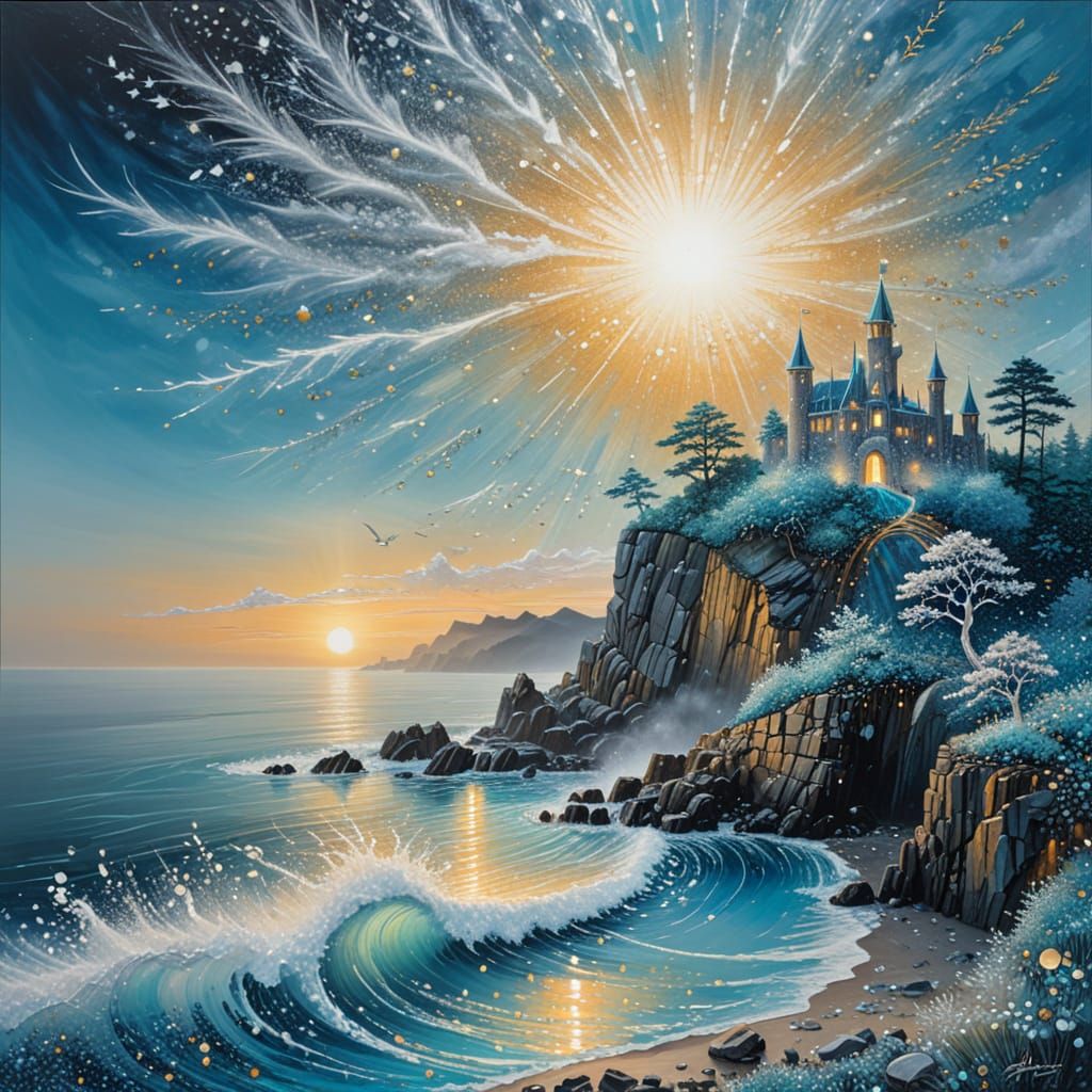 Love Flight: Impasto Seascape with Heavenly Radiance