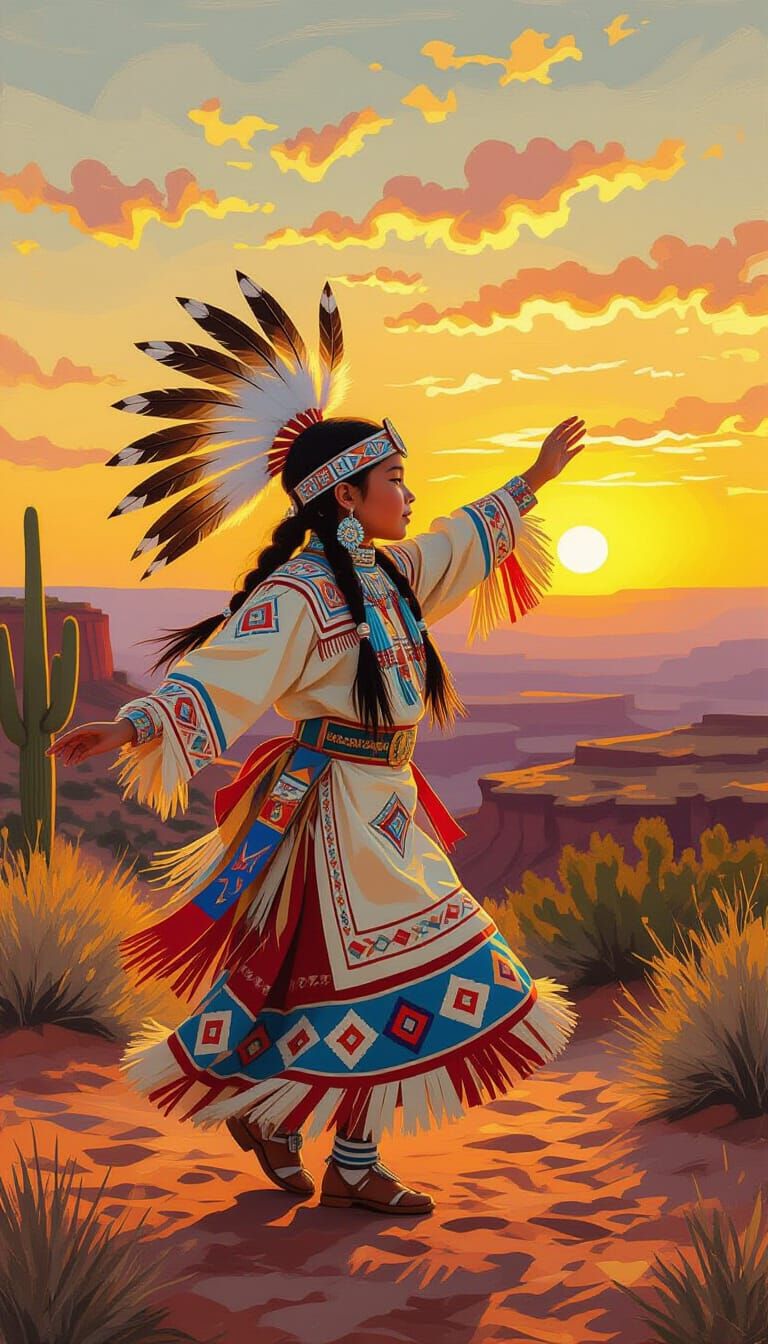 Hopi Dancer in Southwestern Sunset, Expressive Impasto Style