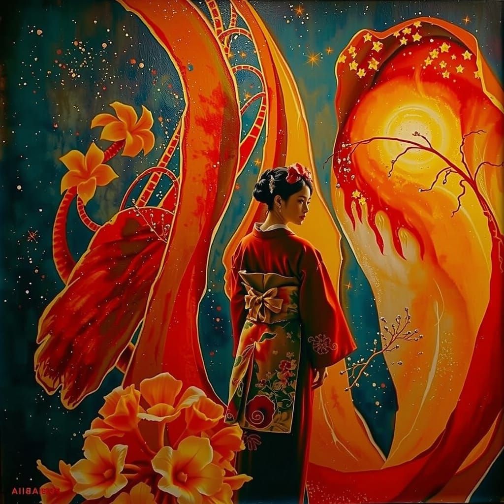 Elegant Geisha in Luminous Botanical Field