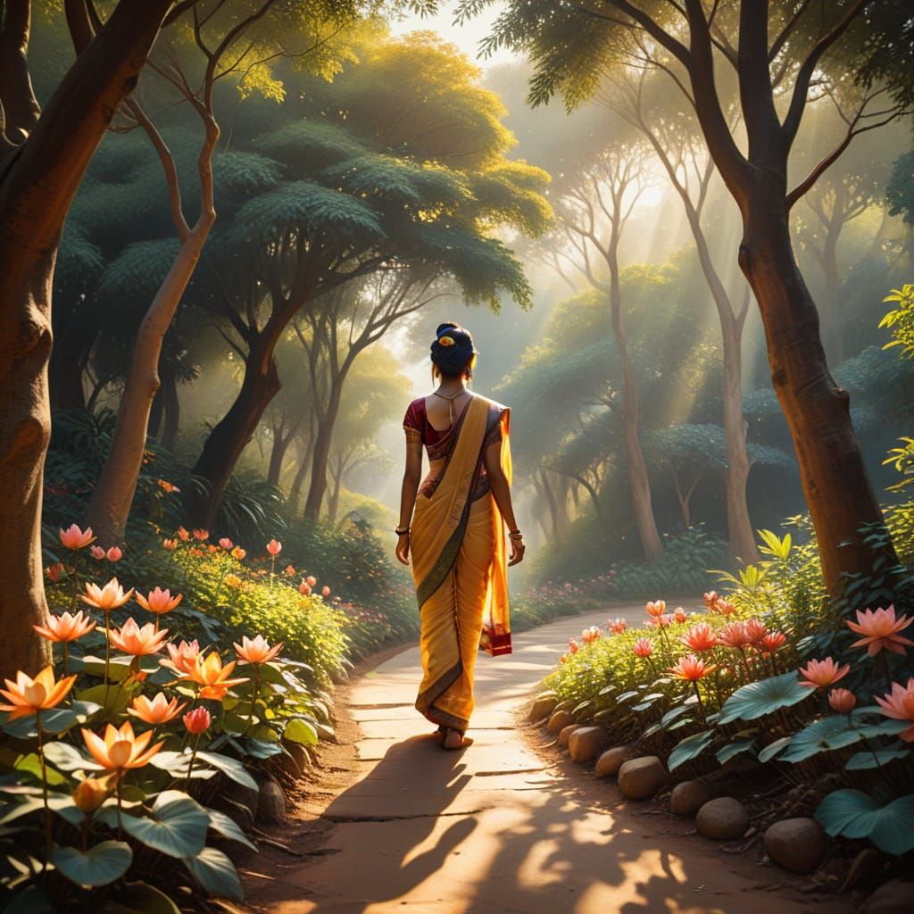 Serene Indian Goddess in Vibrant Garden of Dreams