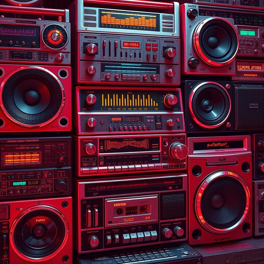 Retro-Futuristic Boombox Assembly in Neon Hues