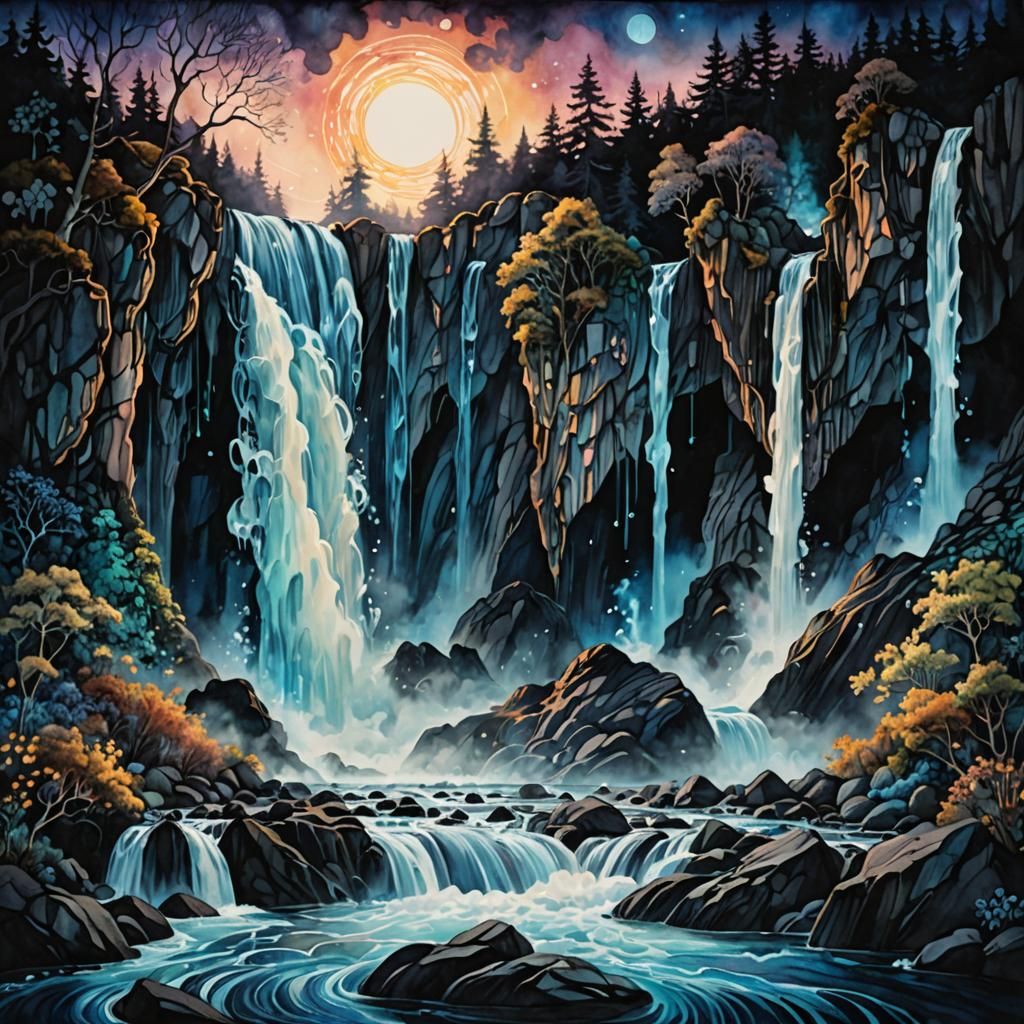 Magical Dark Fantasy Waterfall in Watercolor Dreamscape