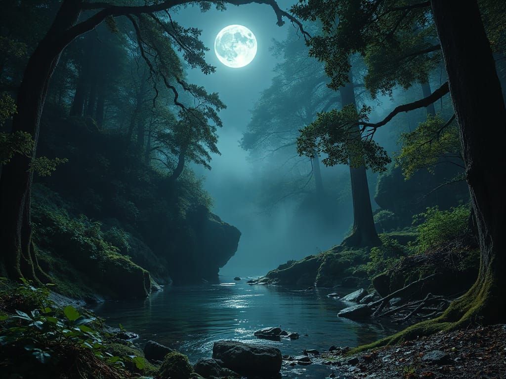 Moonlit Sacred Clearing in Ancient Forest