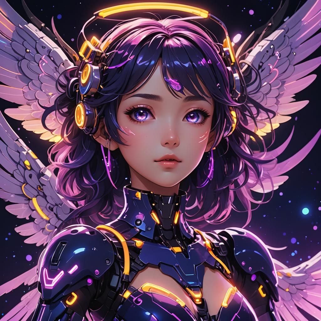 Neon Anime Robot Angel in Night Sky