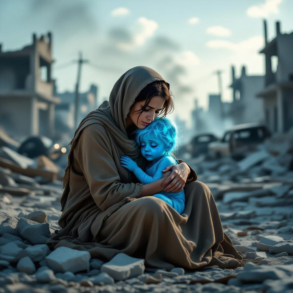 Grieving Mother with Ethereal Child Spirit