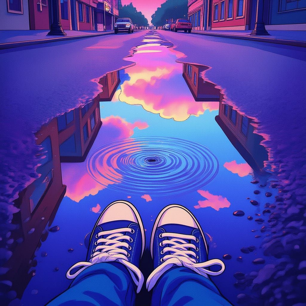 Surreal City Puddle Reflection with Sneakers in Pastel Hues