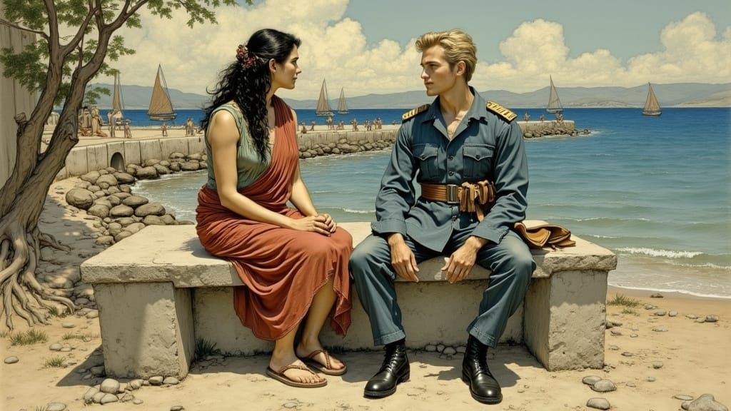 Greek Woman and Officer at Wharf in Impressionist Style