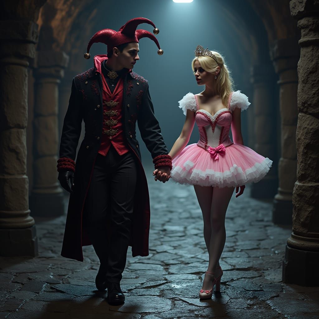 Jester and Princess in Dark Dungeon, Synthwave Style