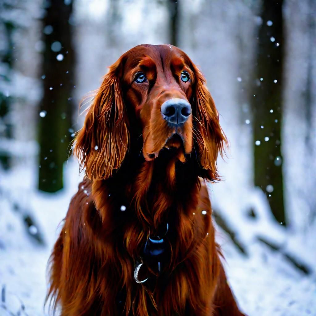 Irish Setter in Falling Snow: A Winter Portrait