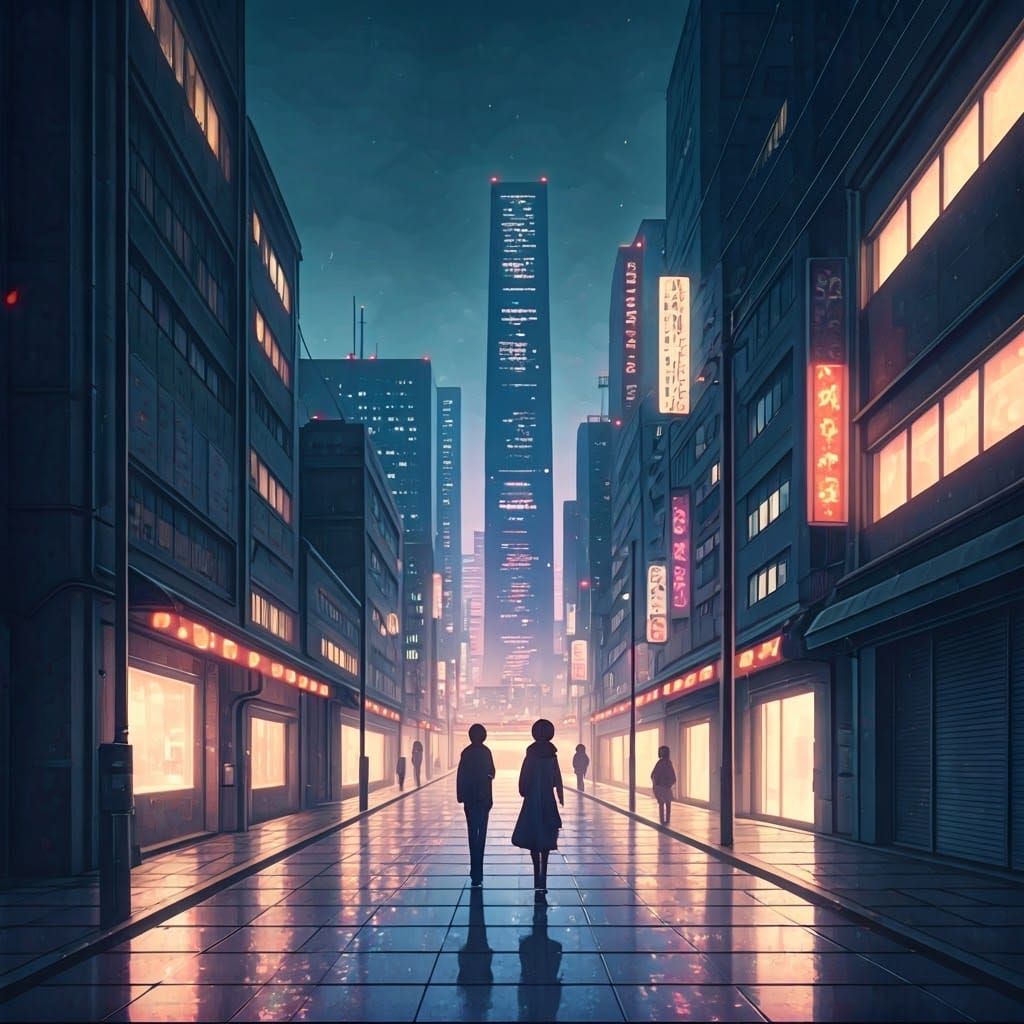 Anime-Inspired Cityscape at Night in Dreamy Watercolor Style