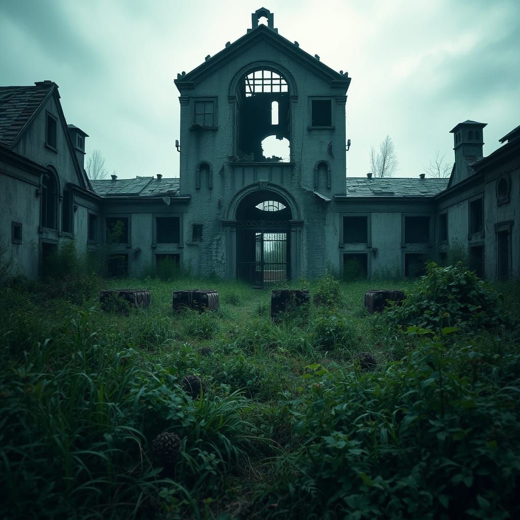 Crumbling Asylum in Desolate Landscape