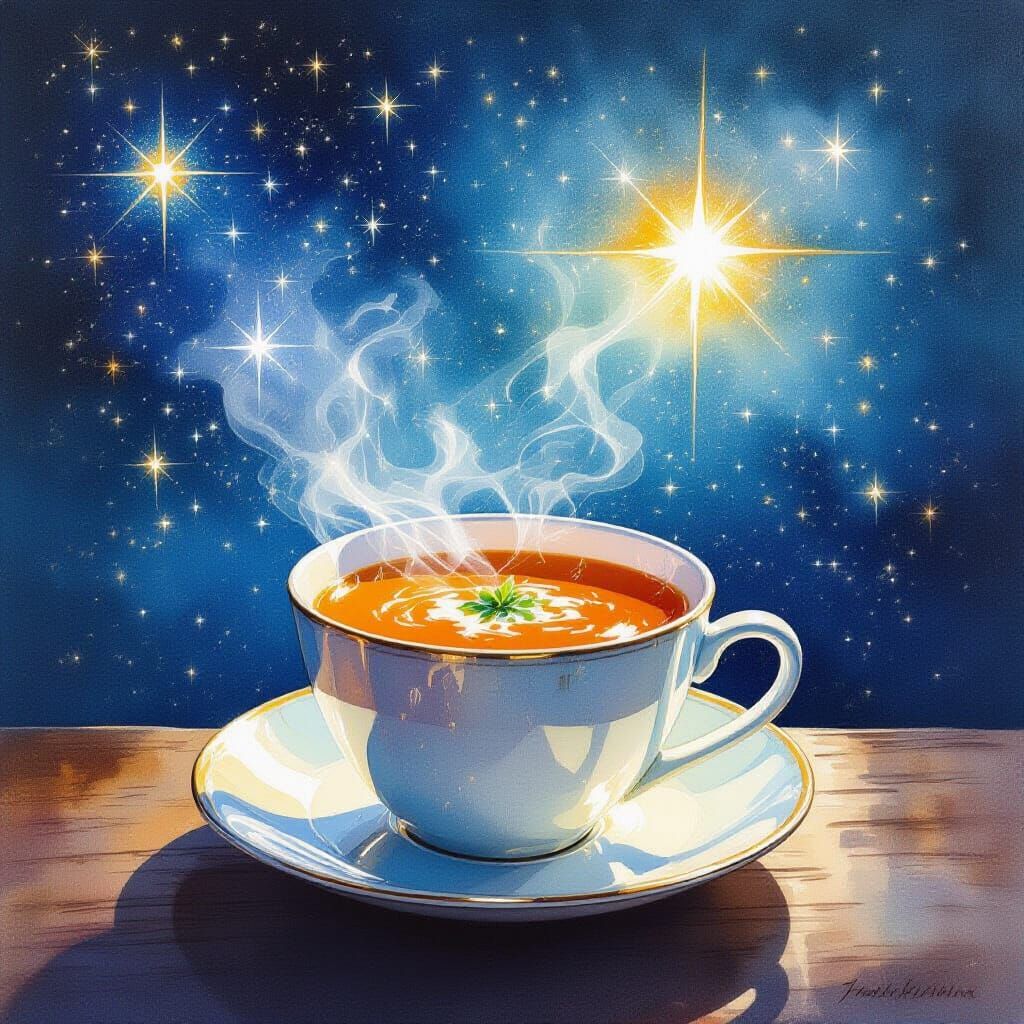 Enchanted Soup Soars Through Starry Cosmos in Watercolor