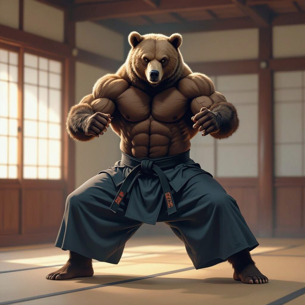 Aikido Bear in Dynamic Pose, Frazetta Lighting