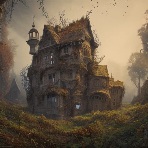 Enigmatic Abandoned Village in Film Noir Style