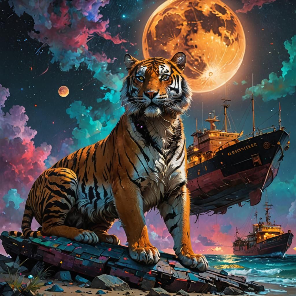 Tiger Lounging Under a Luminous Moon