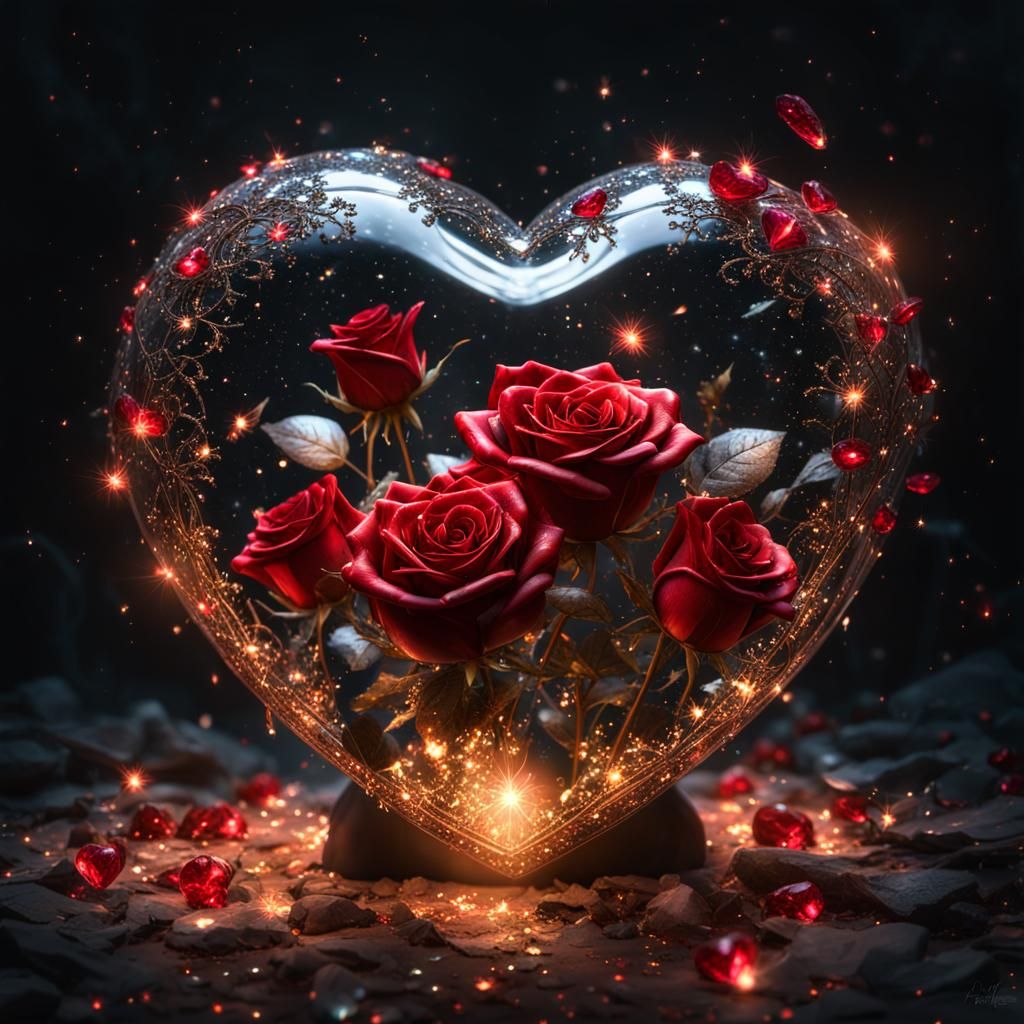 Crystalline Heart with Roses and Fireflies
