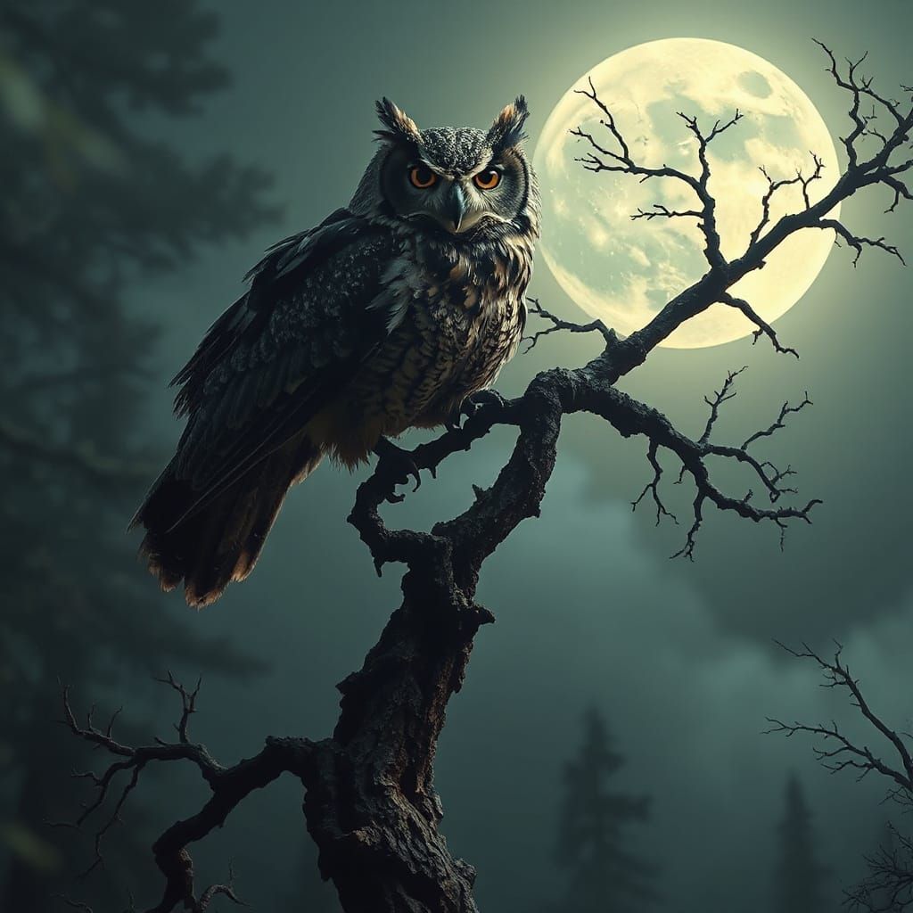 Majestic Owl in Moonlit Forest, Gothic Romanticism Style