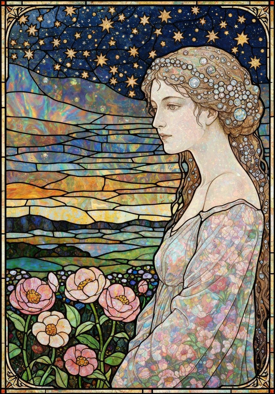 Art Nouveau Stained Glass Celestial Goddess