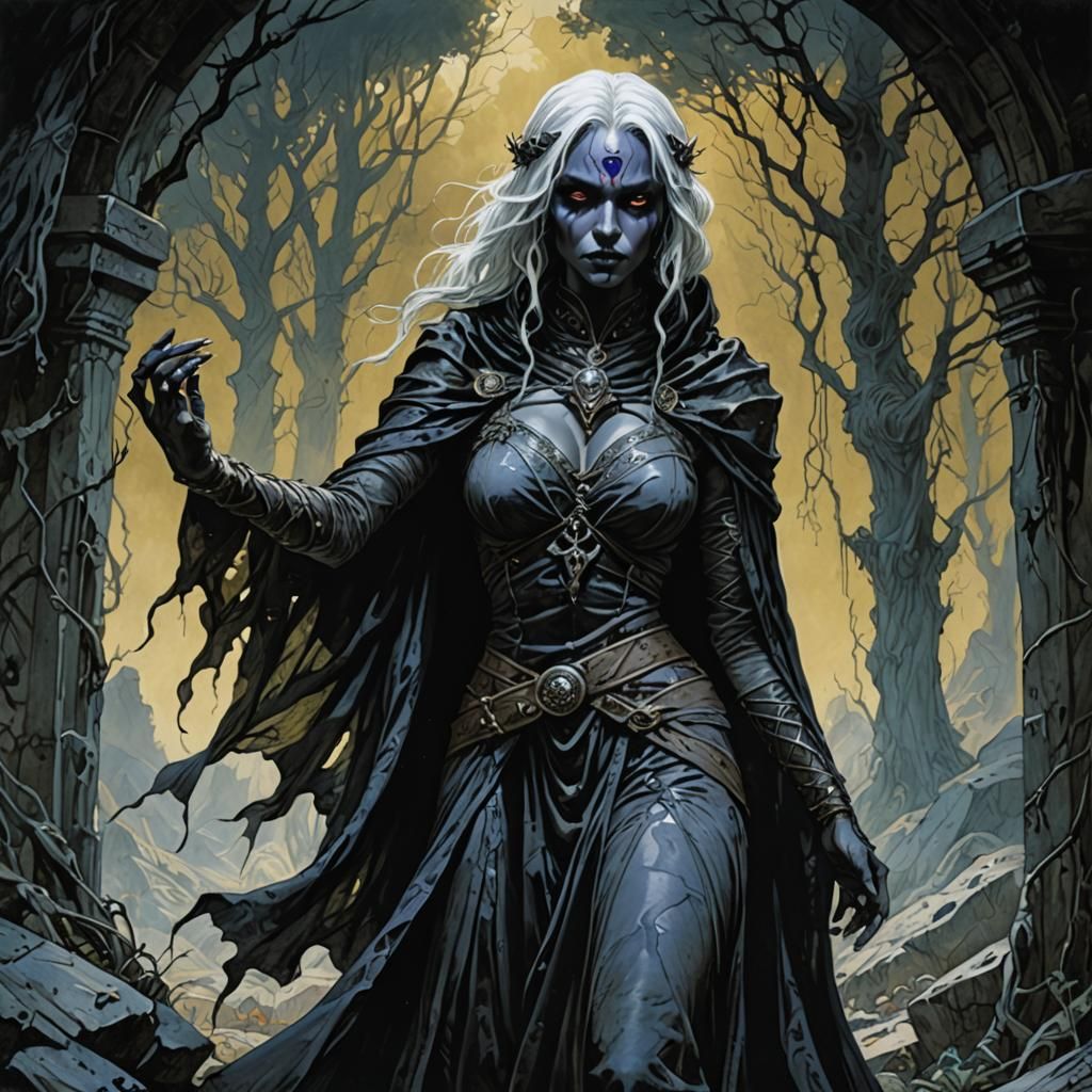 High Contrast Drow Sorceress in Medieval Style